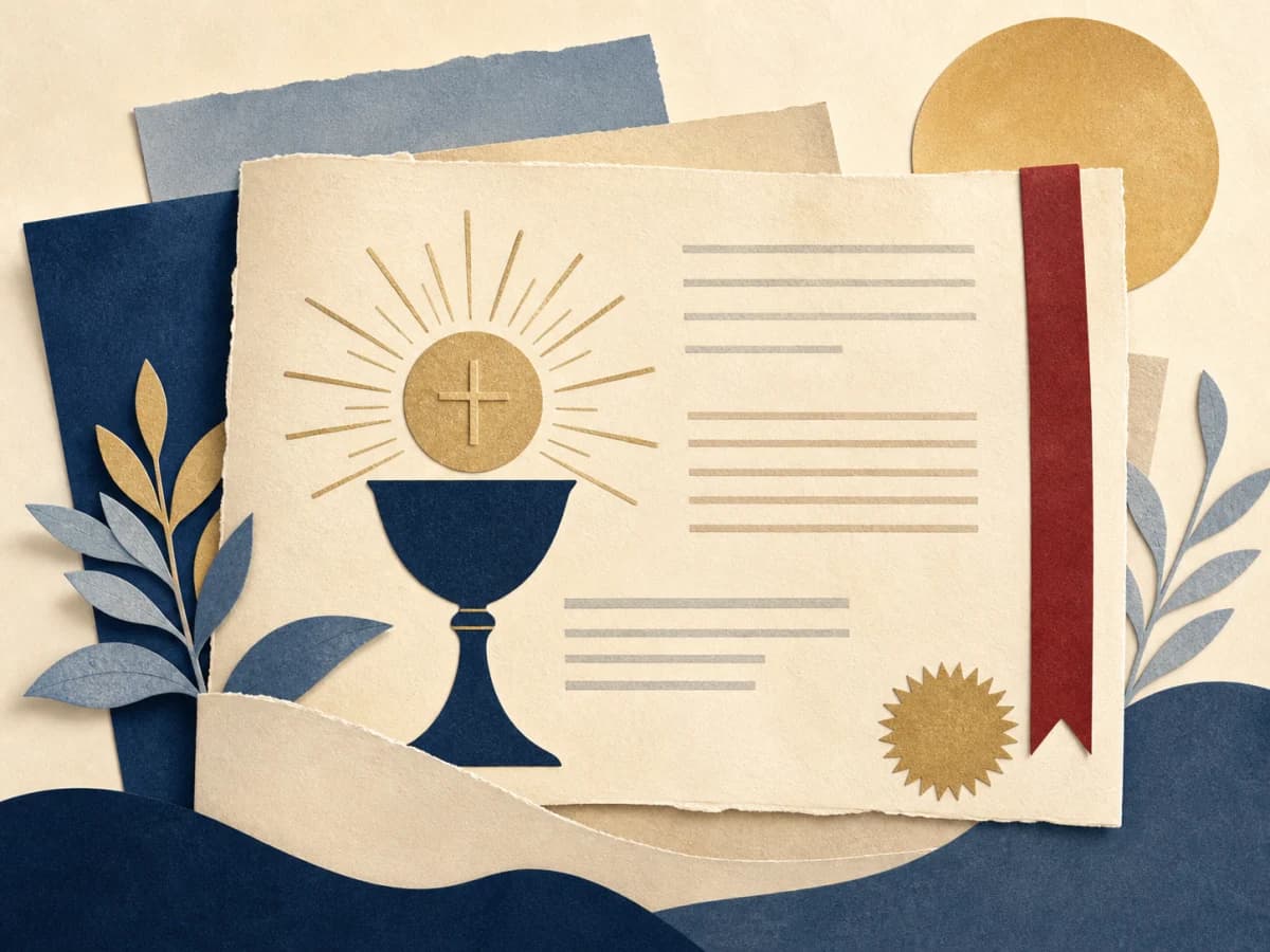 Paper-collage illustration of a Catholic parish bulletin